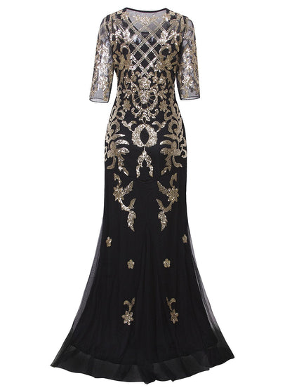 Vijiv Vintage 1920s Long Wedding Prom Dresses 2/3 Sleeve Sequin Party Evening Gown, Black/Gold, L