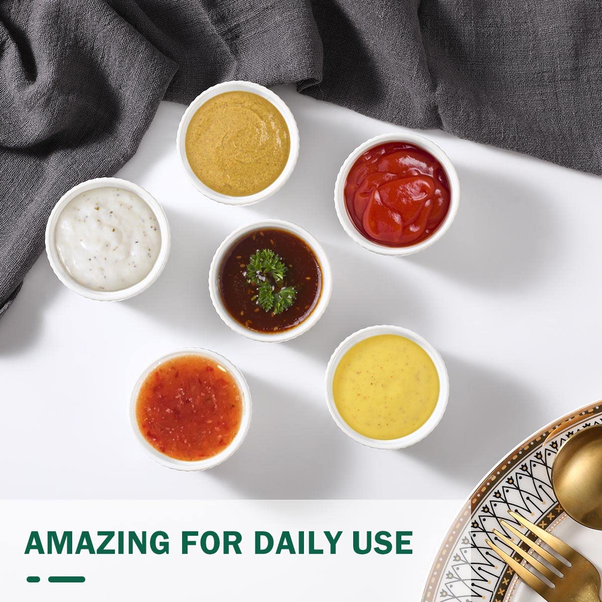 1.5 oz Mini Ramekins Set of 6, Vidalenta Tiny Dipping Sauce Cups, Ramekin Dip Bowl Porcelain Souffle Dish, Small Ramekins Dessert Cups Small Bowls for Charcuterie Board, Microwave & Oven Safe, White