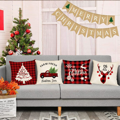 Set Of 4 Christmas Decorative Throw Pillow Covers Christmas Holiday Xmas Square Linen Cushion Covers Merry Christmas Trees Red Truck Snowflakes Deer Outdoor Couch Sofa Home Pillow Cases 18x18 Inch