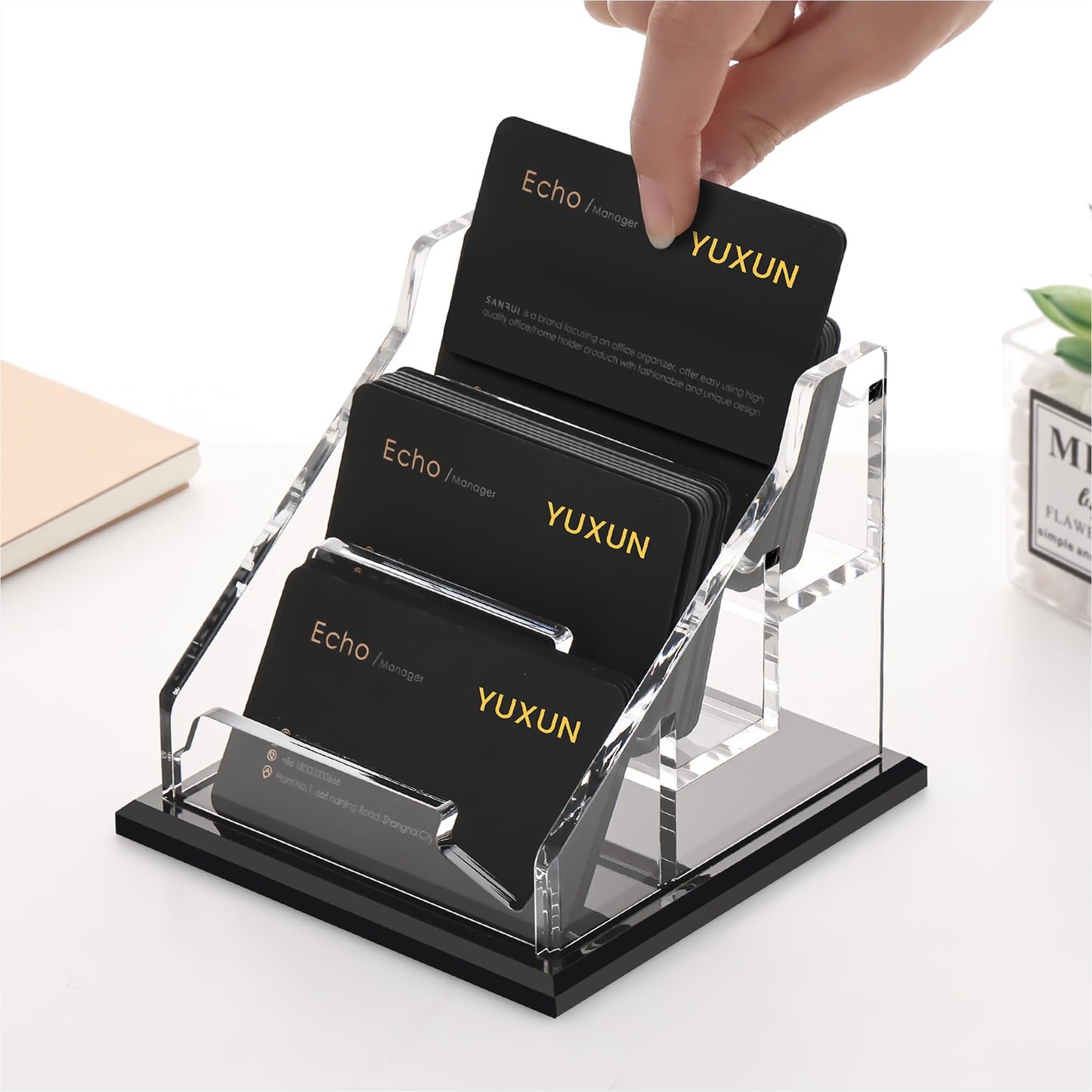 YUXUN Black Business Card Holder for Desk-3 Tier 3 Slot, Acrylic Business Card Holder for Women Men, 100+ Business Cards Display Stand, Multiple Business Card Display for Exhibition, Home, Office