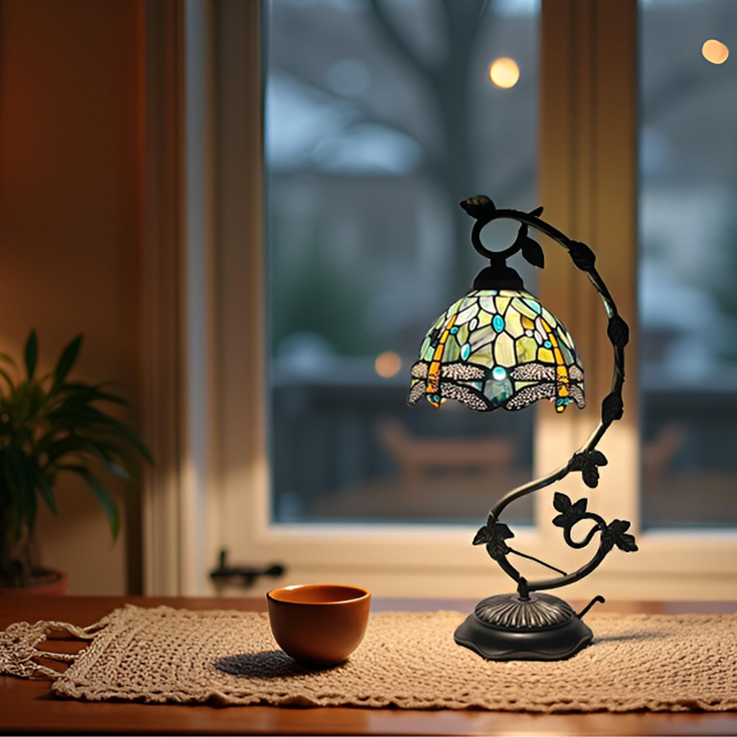 HWDFEI Tiffany Table Lamp, Stained Glass Desk Reading Light,Metal Leaf Table Lamp Base 8X10X21 Inches (Brown Dragonfly)