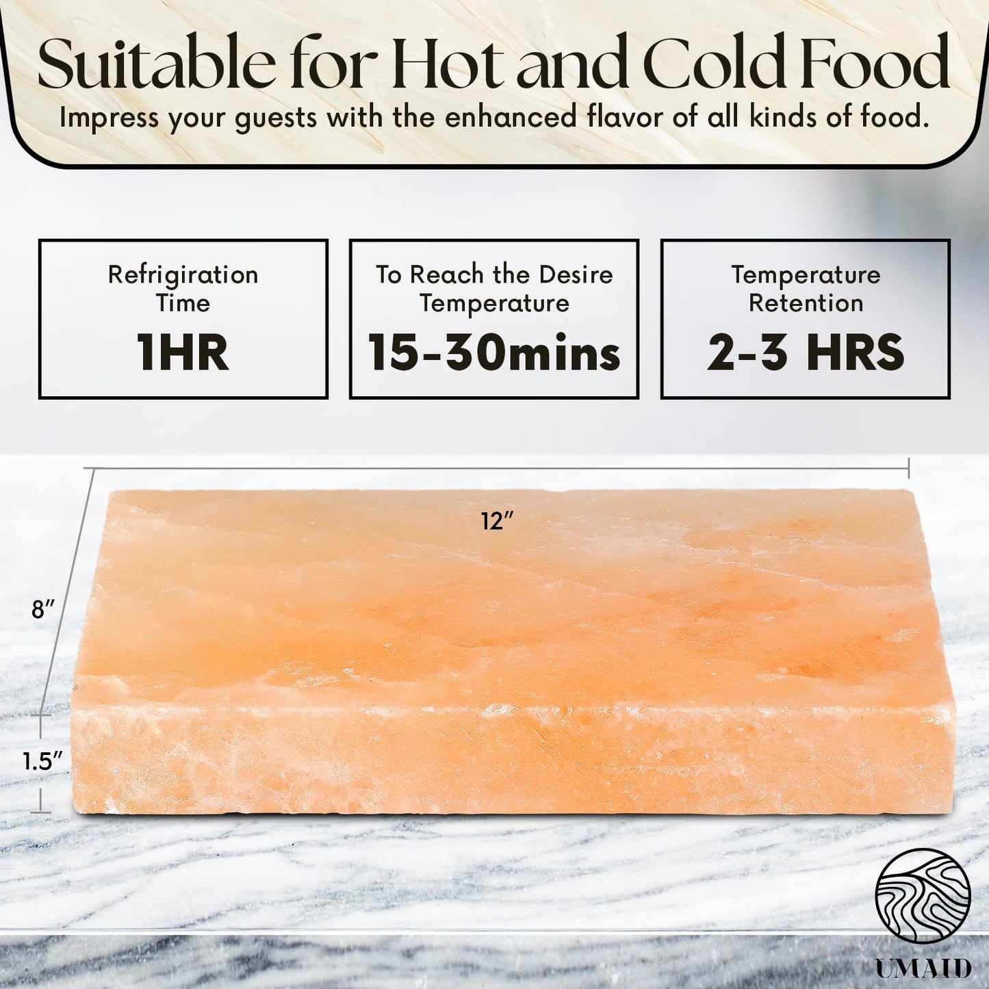 UMAID Himalayan Salt Block Cooking Plate 12x8x1.5 – Food Grade Pink Himalayan Salt Stone for Cooking, Grilling, Serving & Food Presentation – Includes Stainless Steel Tray & Recipe Booklet – Unique Gifts for Men & Dad Gifts for Fathers Day