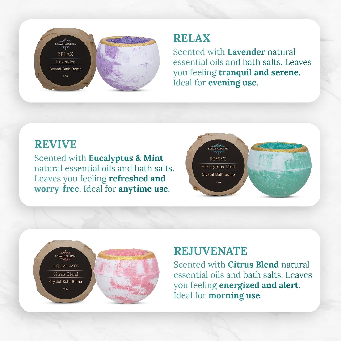 Satavi Naturals Crystal Bath Bombs (6 Pack) Luxurious Aromatherapy Bath Bombs Enriched with Nourishing Bath Salts for Silky Smooth Skin & Pleasantly Scented for an Immersive Zen-Like Experience