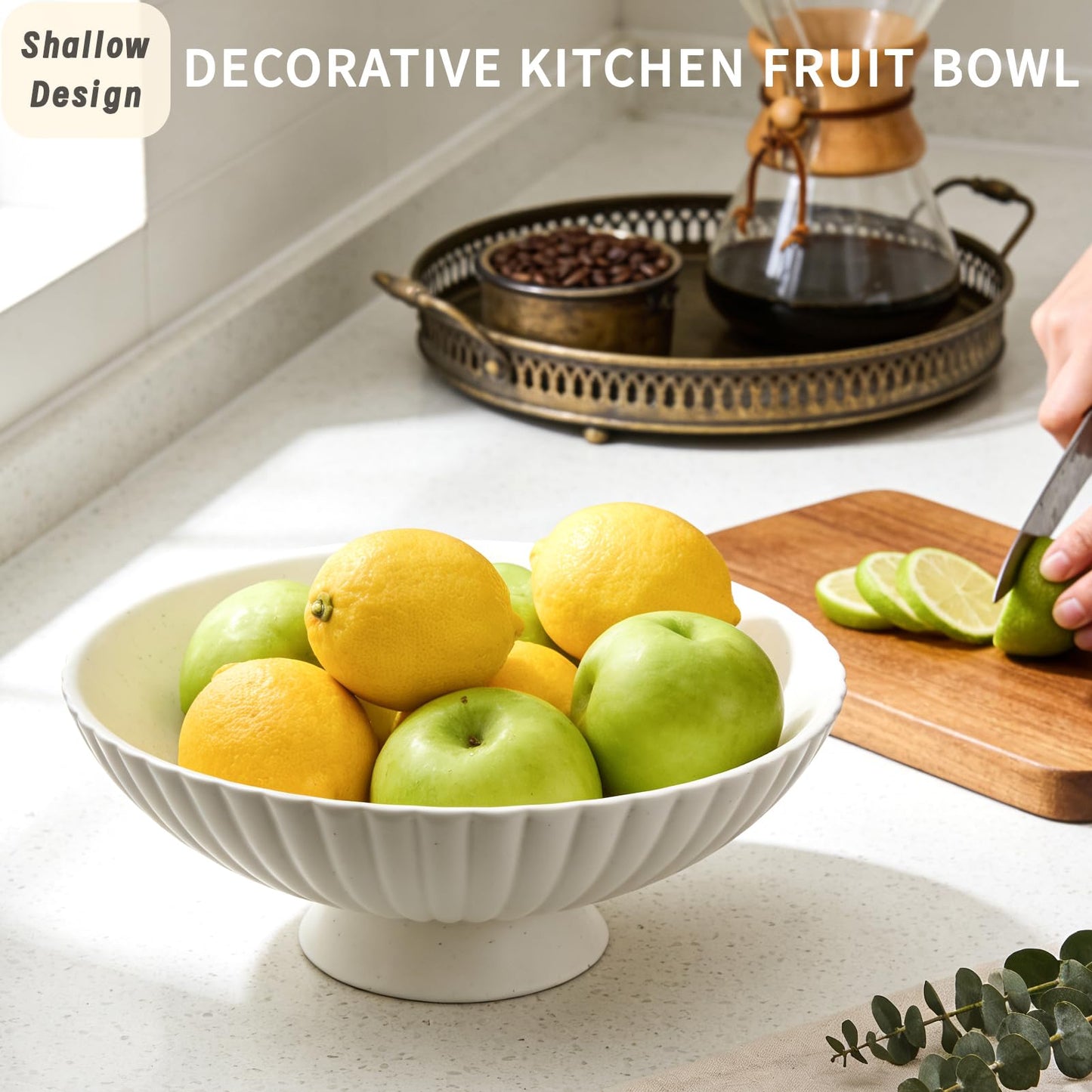 Afadorable 10 Inch Handmade Large Matte White Fluted Ceramic Pedestal Bowl, Decorative Fruit Bowl with Sandstone Speckles – Modern Farmhouse Centerpiece for Kitchen Counter, Entryway & Dining Table