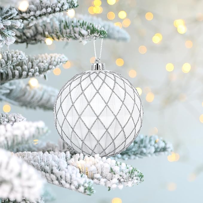 SHareconn 100MM/4 Inch 9PCS Large Christmas Balls Ornaments, Shatterproof Plastic Hanging Big Baubles Set for Xmas Tree Decoration Holiday Party Wedding Decorations with Hook, White and Silver