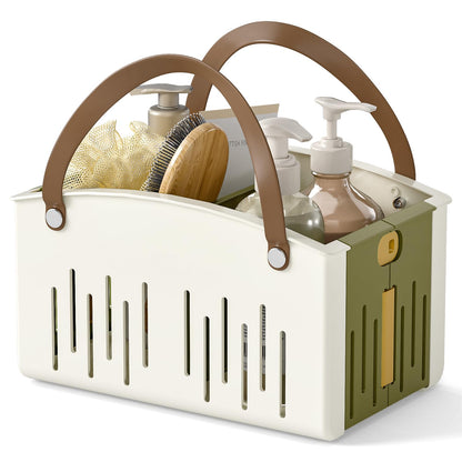 Delamu Portable Shower Basket Caddy with Double Handle Foldable Dry Wet Separation Design 11.0 × 7.1 × 6.5in, Travel, Camping, Gym, College Bathroom Tote, WhiteGreen, Ideal Christmas Gifts for Girls