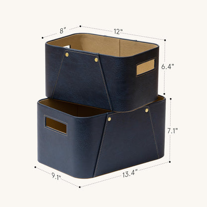 La Jolie Maison Storage Baskets for Organizing, 2 Pack, Luxury Vegan Leather Storage Cube Boxes for Closet Shelf Cabinet Bookcase, Navy Blue