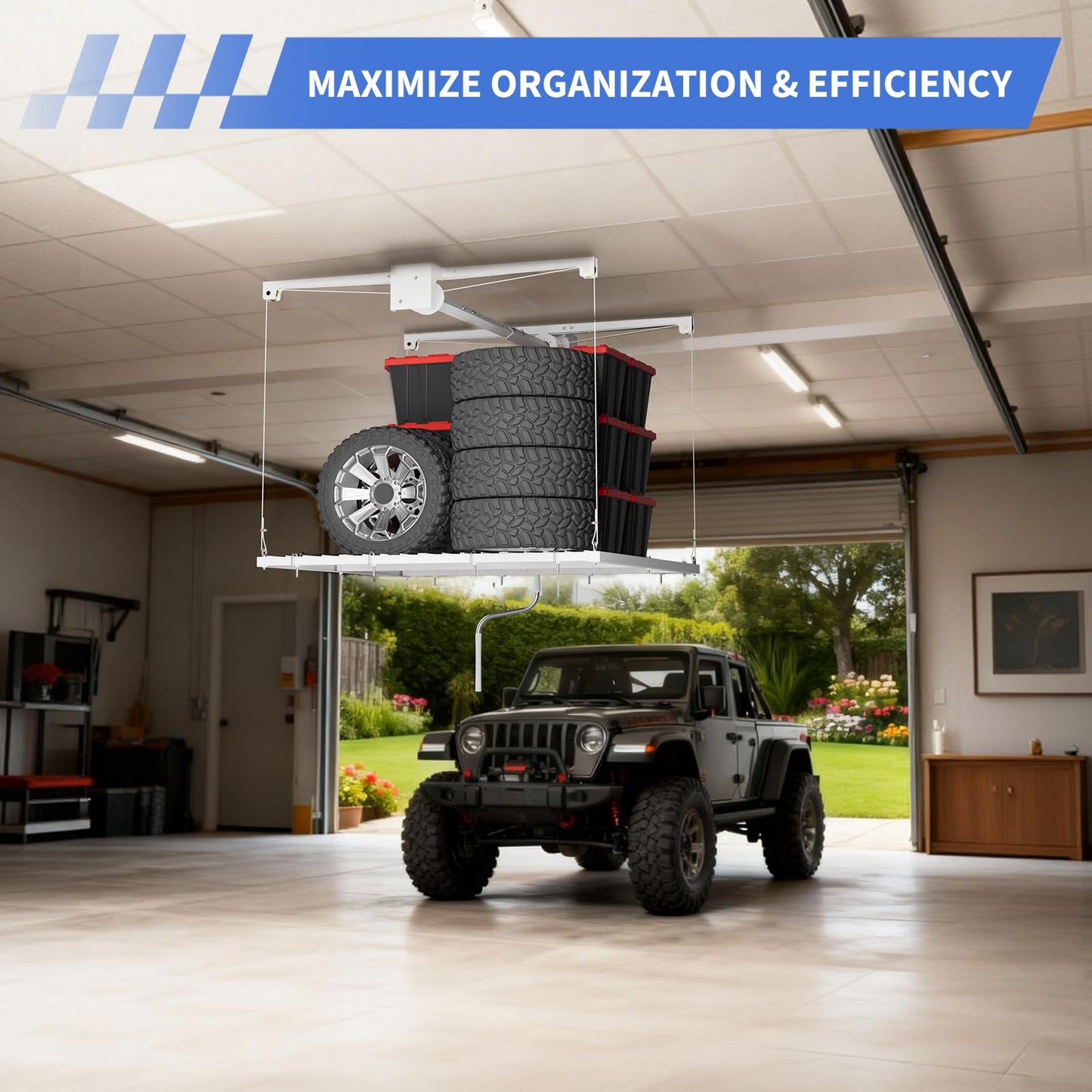 OUTLANE Heavy Duty Overhead Garage Storage Rack Lift, 4x4 ft Ceiling Mount Storage Rack with Hand Crank & Power Drill Compatibility, 350 Lbs Capacity, Adjustable Height Up to 79 in, Double Rope Safety