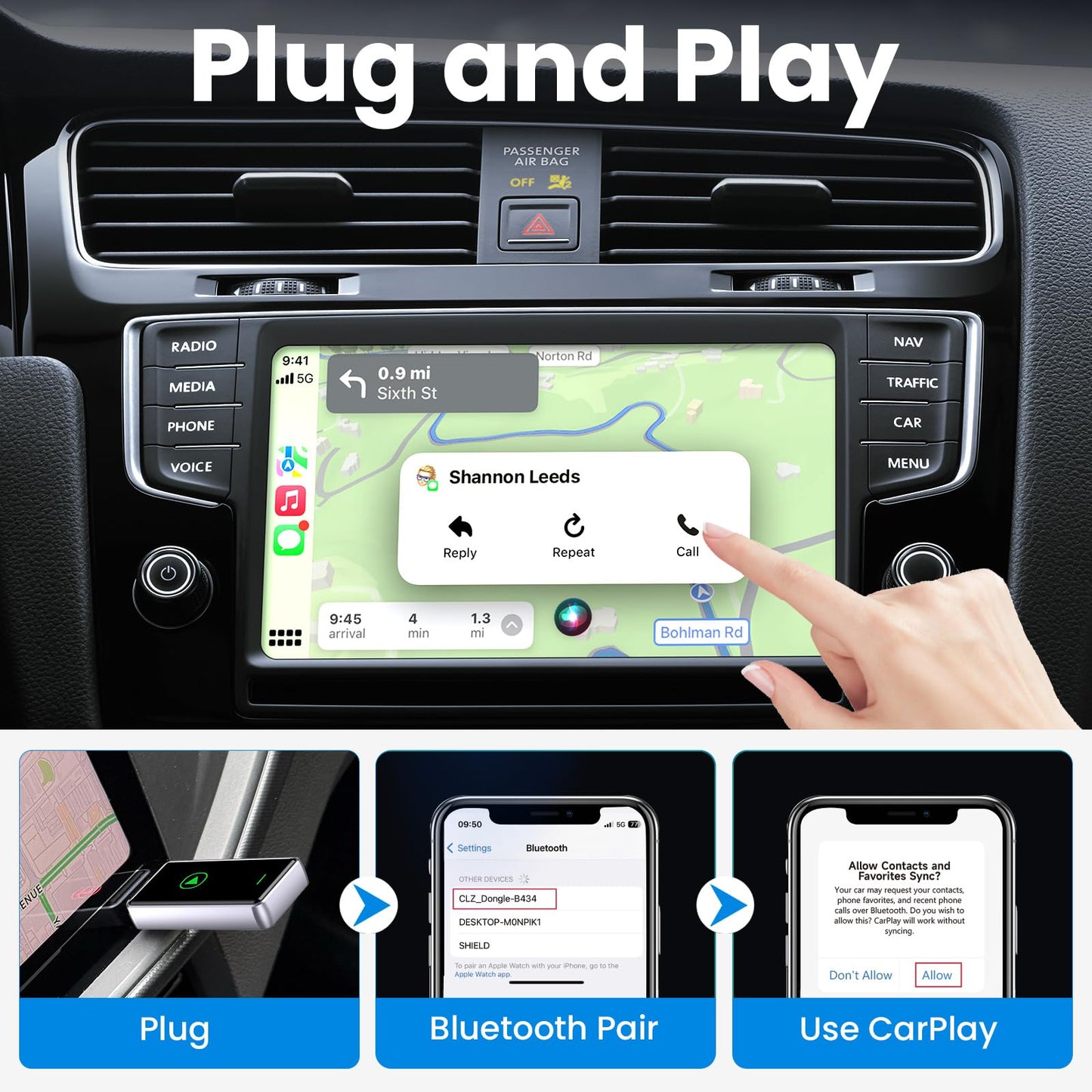 Alltotive S1 Wireless CarPlay Adapter for iPhone - Convert Wired to Wireless CarPlay, Plug and Play, Supports USB and Type-C, Compatible with iPhone iOS 10+ & Cars from 2016