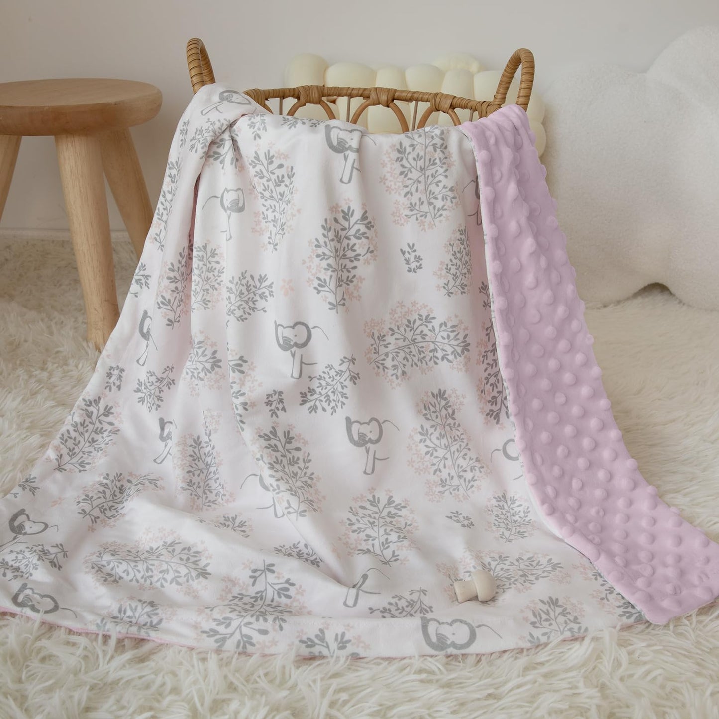 CIVARUA KIDS Baby Blankets for Girls Soft Plush Nursery Minky Blanket Neutral with Print Pink Forest Elephant and Cozy Raised Dotted Fleece Backing, 30 x 40 Inch Double Layer Bed Throws