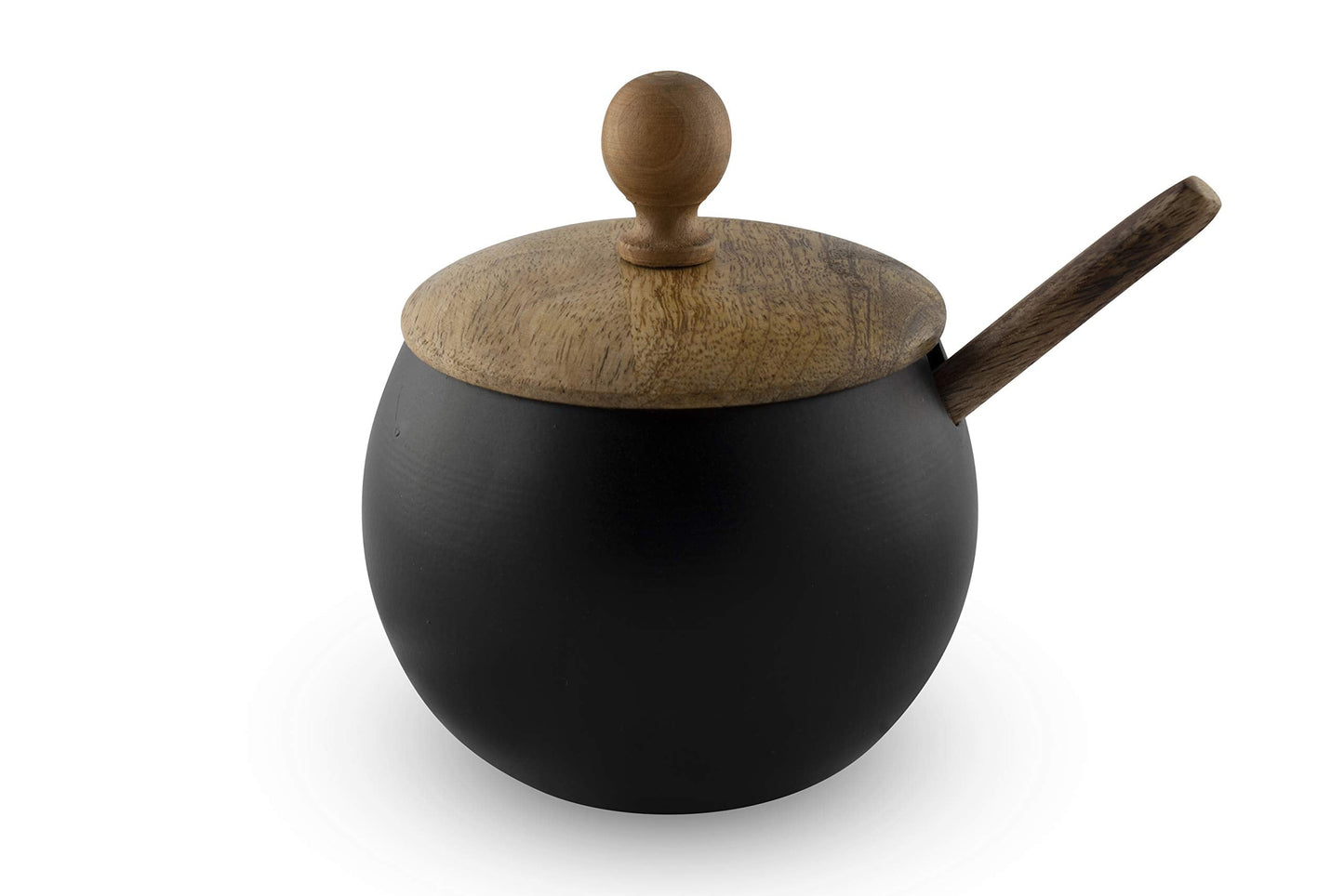 GoCraft Sugar Bowl with Lid and Spoon – Matte Black Ceramic Sugar Container with Wooden Lid, Drum Shape Sugar Jar for Kitchen, Coffee Bar, Tea, Spices & Condiments