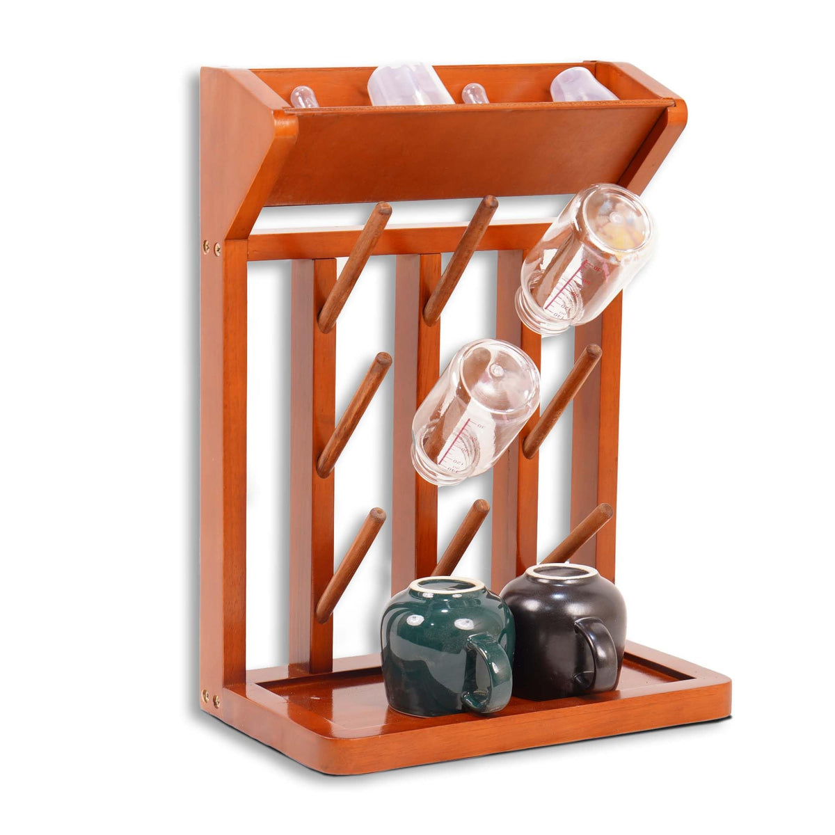 Nabytok Brown Vertical Bottle Drying Rack Rubber Wood 9 Hooks, Use for Bottles, Cups, Mugs, Glasswine, Space Saving Storage Shelf Bottle Holder Dryer Kitchen
