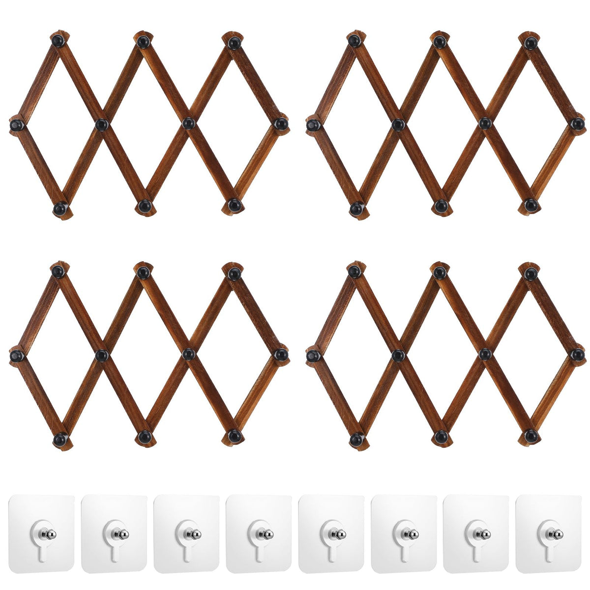 kenaeooe 4 Pcs Accordion Wall Hanger Expandable Hat Rack for Wall with 8 Peg Hooks X Shape Wooden Coat Rack for Hats, Coats, Scarves, Jackets, Purses, Keys, Mugs, Rustic Natural Wood