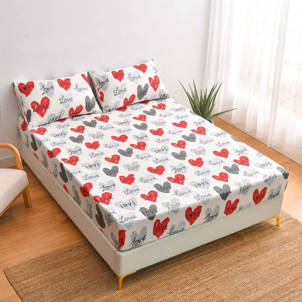 Feelyou Girls Heart Fitted Sheet Twin Size Women Hearted Love Pattern Bed Sheet Set for Kids Teens Bedroom Romantic Decor Red Gray Bedding Set with Pillow Case Microfiber Soft and Cozy Bed Cover