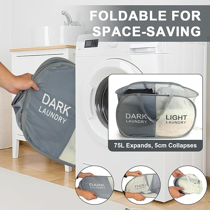 Seefoo 2-Section Collapsible Laundry Baskets, Dual Compartment Foldable Pop Up