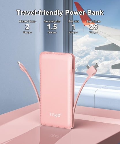 TG90° Portable Charger 10000mah Cell Phone Battery Backup, Ultra Slim Power Bank with Built in Lightning and USB-C Cable, Portable Phone Charger Battery Packs Compatible with iPhone Android Phones