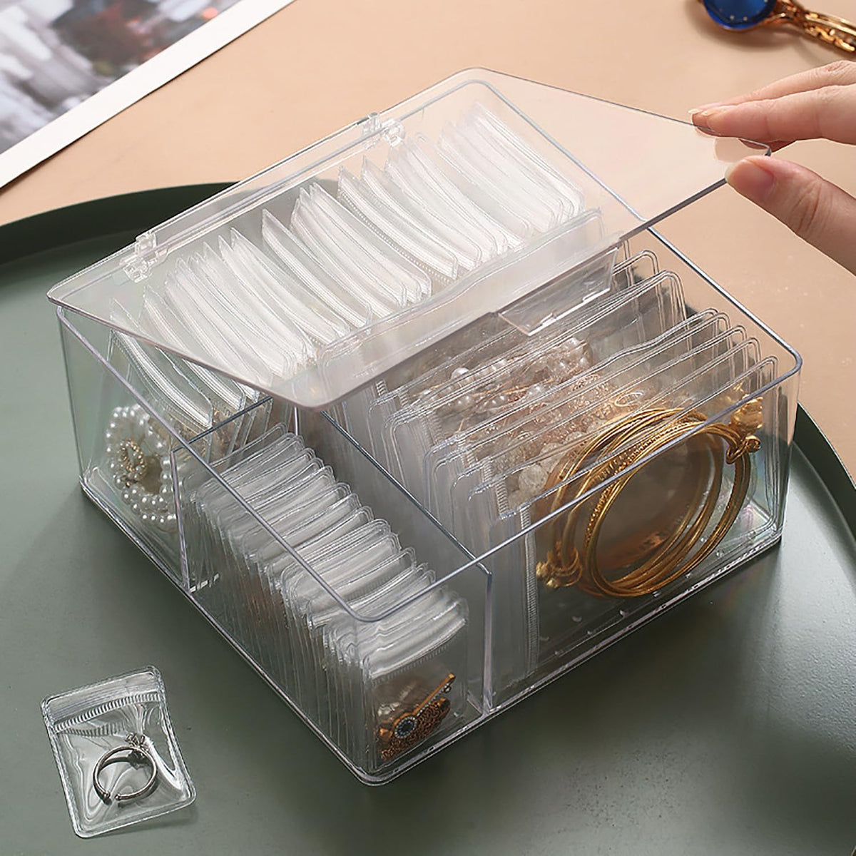 4 In 1 Acrylic Jewelry Organizers and Storage with 60 Portable Anti Tarnish Jewelry Bags, Clear Jewelry Box Organizer, Travel Jewelry Case for Earrings/Rings/Necklaces for Women Girls