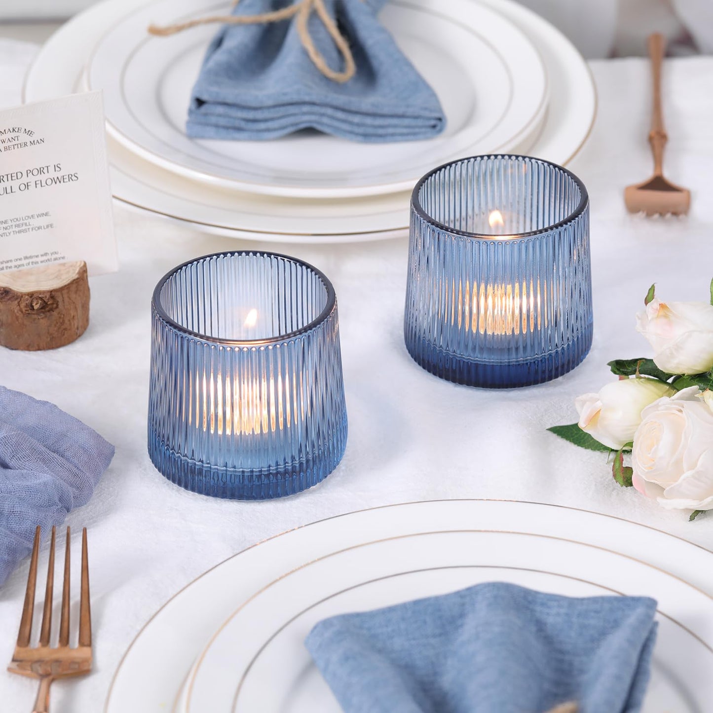 DARJEN Blue Ribbed Tealight Votive Candle Holders Set of 10- Votive Candle Holders for Table Centerpiece, Tea Light Candle Holder Glass for Wedding and Home Decor, Blue Decor and Gifts