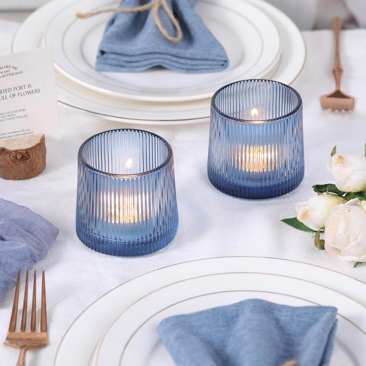 DARJEN Blue Ribbed Tealight Votive Candle Holders- 6Pack Glass Candle Holders for Table Centerpiece, Wedding Decor, Home Decor, Party Dinner