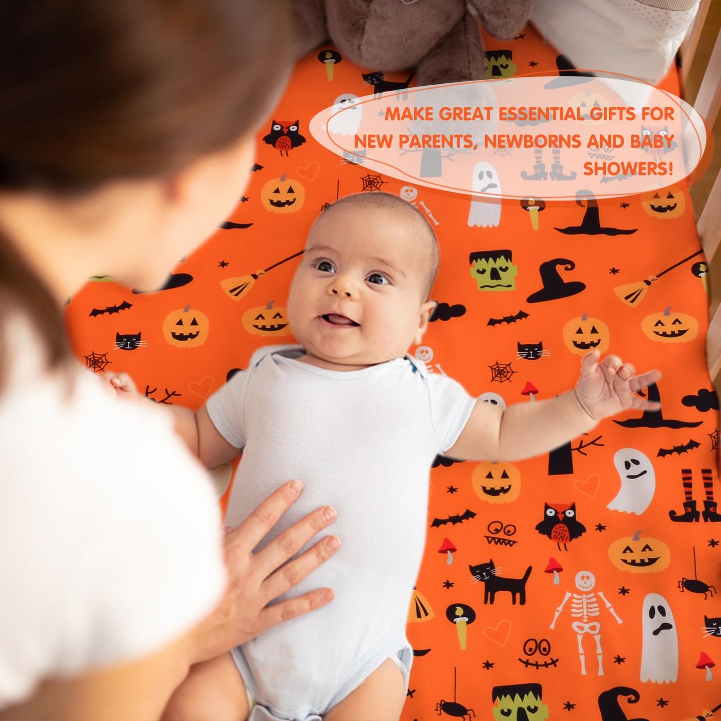 JISEN Baby Crib Sheet 1 Piece Portable Fitted Crib Sheet for Standard Crib and Toddler Mattresses Nursery Bed Decor for Boys Girls 28x52 Halloween Ghost