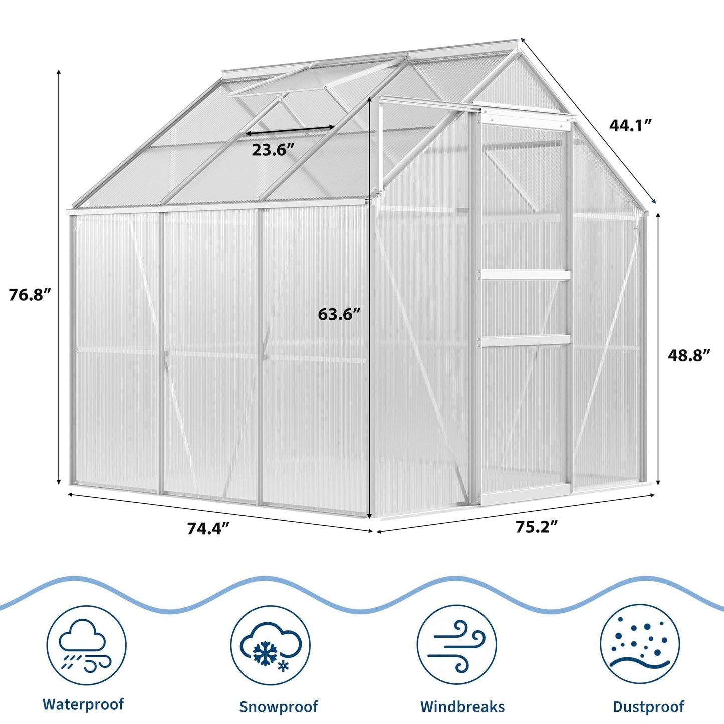 IDEALHOUSE 6x6 ft Polycarbonate Greenhouse with Adjustable Roof Vent, Walk-in Greenhouse for Outdoor Garden Backyard, Heavy Duty Aluminum Frame, 720g/M² PC Panels, Silver