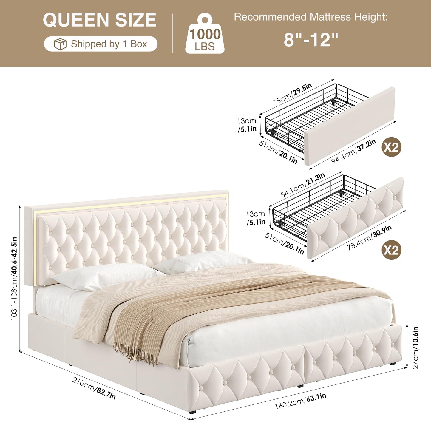 Keyluv Queen Size LED Bed Frame with 4 Storage Drawers and Adjustable Headboard, Velvet Upholstered Button Tufted Modern Platform Bed, Solid Wooden Slats Support, Easy Assembly, Beige