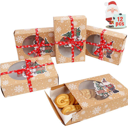 OurWarm 12 Pack Christmas Cookie Boxes for Gift Giving, Large Christmas Cookie Tins Holiday Bakery Treat Boxes with Window, Kraft Paper Food Packaging Containers for Xmas Party Supplies