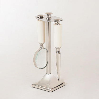 DECONOOR Set with Magnifying Glass and Letter Opener, Silver White Modern Office Desk Accessories, Decorative Home Office Decor, Professional Business Gift (Silver & White)