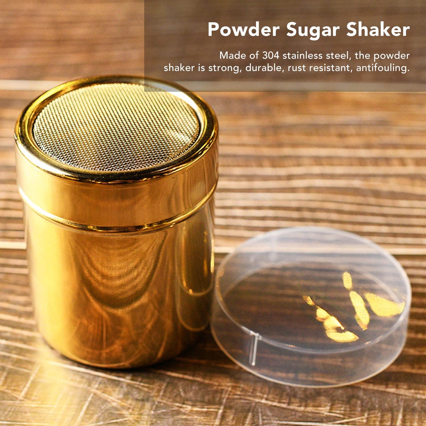 Stainless Steel Powder Shaker, Coffee Cocoa Dredges with Fine Mesh Lid, 2.8 x 3.5 inch Powder Sugar Shaker for Coffee Cocoa Chocolate Cinnamon, Gold