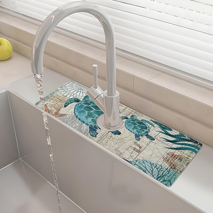 15" X 5.5" Kitchen Sink Splash Guard Faucet Mat Sea Turtles Super Absorbent