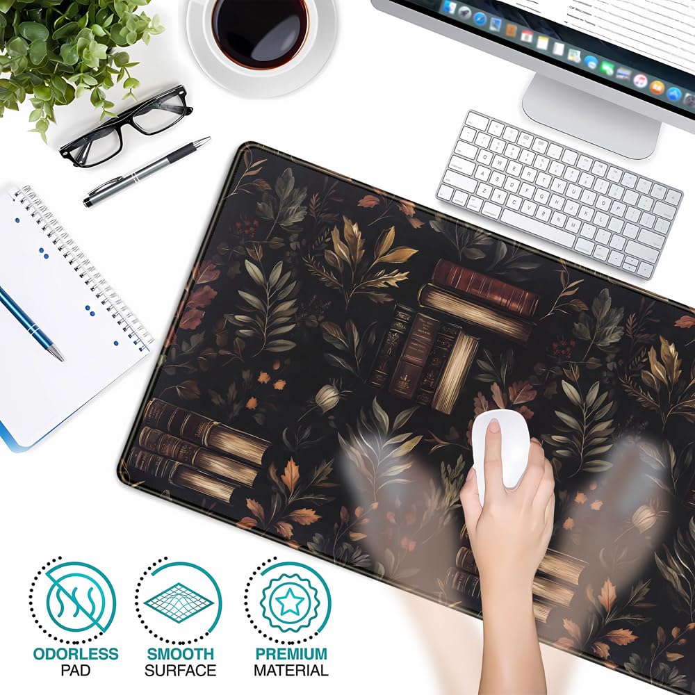 Vintage Plant Desk Mat Gaming Large Mouse Pad, Vintage Books Gothic Desk Pad Bookcase Mouse Mat XXL Laptop Keyboard Pad, Laptop Keyboard Mousepad Aesthetic Accessories for Women 31.5" X 15.7"