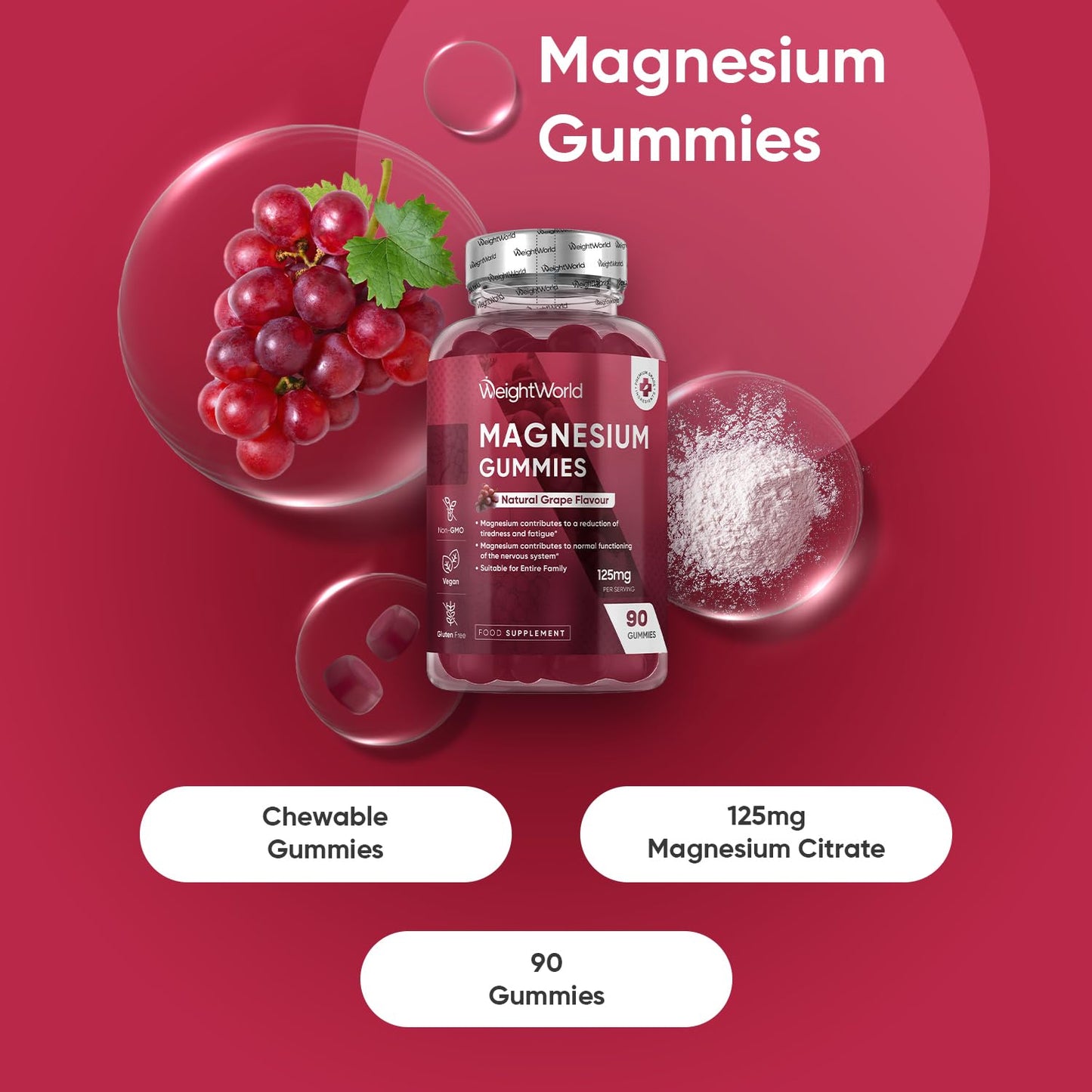 Magnesium Gummies | 90 Vegan Gummies | 125mg Magnesium Supplements | 45 Days Supply | Natural Grape Flavour | Gluten-Free