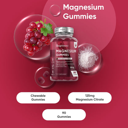 Magnesium Gummies | 90 Vegan Gummies | 125mg Magnesium Supplements | 45 Days Supply | Natural Grape Flavour | Gluten-Free