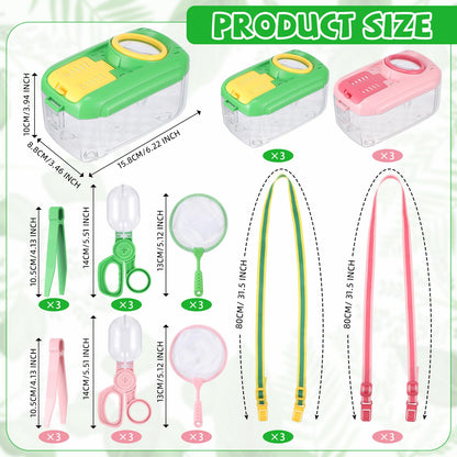 Halloscume 6 Sets Bug Catcher for Kids Students Insect Catching Kit Collector Bug Box with House, Butterfly Net, Tweezer, Cage Habitats Container Collection Explorer Gift (Pink,Green)