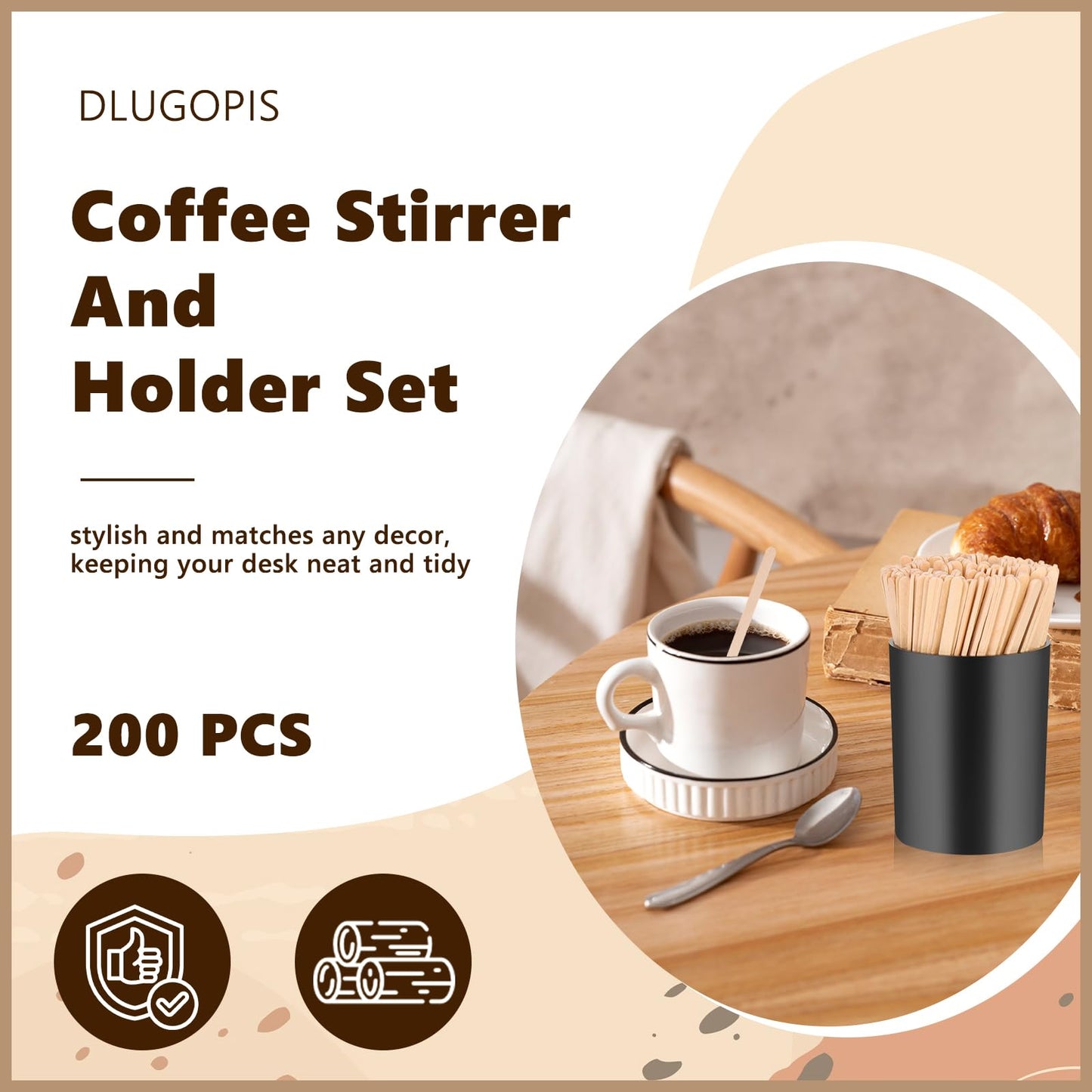 200 PCS Coffee Stirrer and Holder Set Wooden Coffee Stir Sticks 5.5 Inch Disposable Drink Stirrers Beverage Stirrer Sticks for Coffee (Wood & Black, 5.5 Inch Coffee Stirrers)