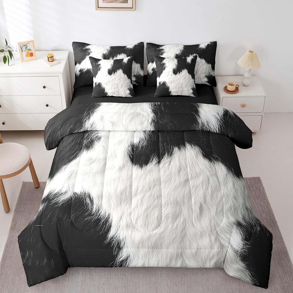 Erosebridal Cute Cow Print Twin Bedding Set 7 Piece for Boys Black White Cowhide Bed in A Bag for Kids Teens Youth Adult Western Farmhouse Fur Comforter Set with Sheetcountry Animal Skin Bed Sets