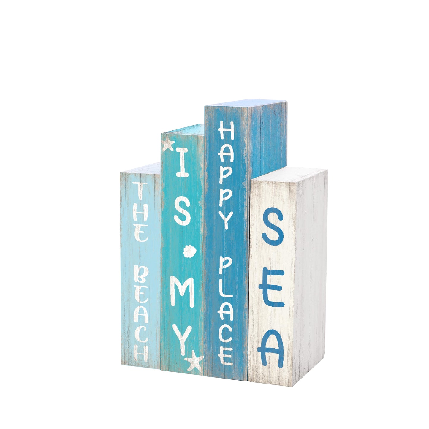 4 Pcs Beach Table Decor Ocean Rustic Wooden Book Sign Starfish Seashell Coastal Tiered Tray Decor Rustic Nautical Farmhouse Tabletop Sign Centerpieces for Summer Home Shelf Decoration