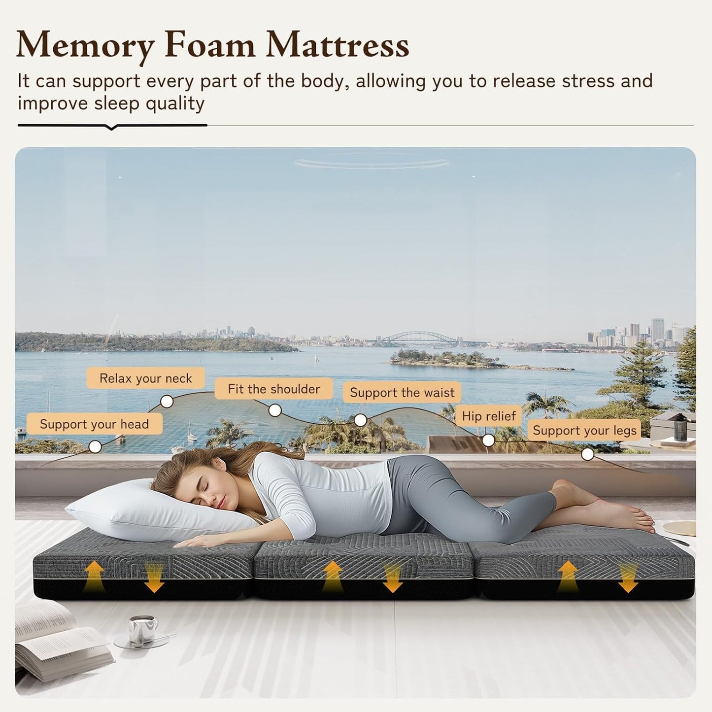 GEMBED Tri Folding Mattress Twin Size - Memory Foam Tri-fold Mattress, Handle & Non-Slip Bottom, Portable Foldable Sofa Bed Floor Chair for Travel RV Camping Guest Yoga - 4 Inch, 75" 38"x4"
