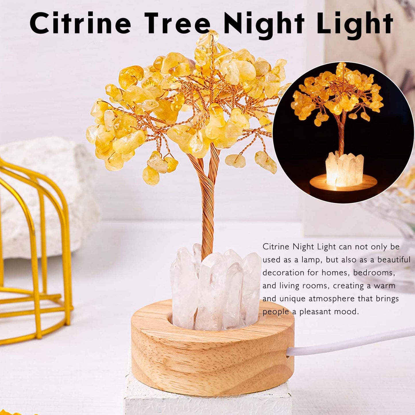 Runyangshi Runyanshi Citrine Money Tree Lamp - Abundance Crystal Night Light w/ 108 Natural Citrine Chips, Wood Base & USB Power, Manifestation Desk Decor for Wealth, Office, Gift