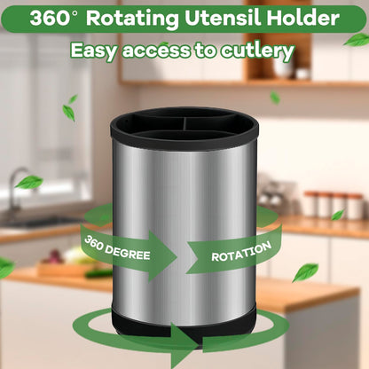 TIMENIL Kitchen Utensil Holder for Countertop, 360°Rotating Cooking Utensil Crocks，4 Compartment Stainless Steel Utensil Holder,6.7”Large Utensil Crock Spoon Fork Knife Holder For Kitchen Counter