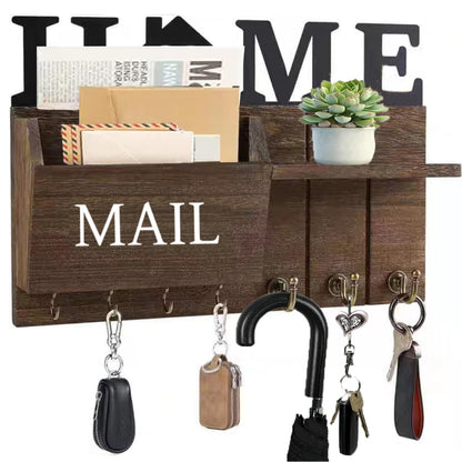 DearyHome Rustic Wall Key Holder with Shelf & Hooks - Mail Organizer for Entryway | Wooden Key Rack for Keys, Coats, Dog Leash - Brown