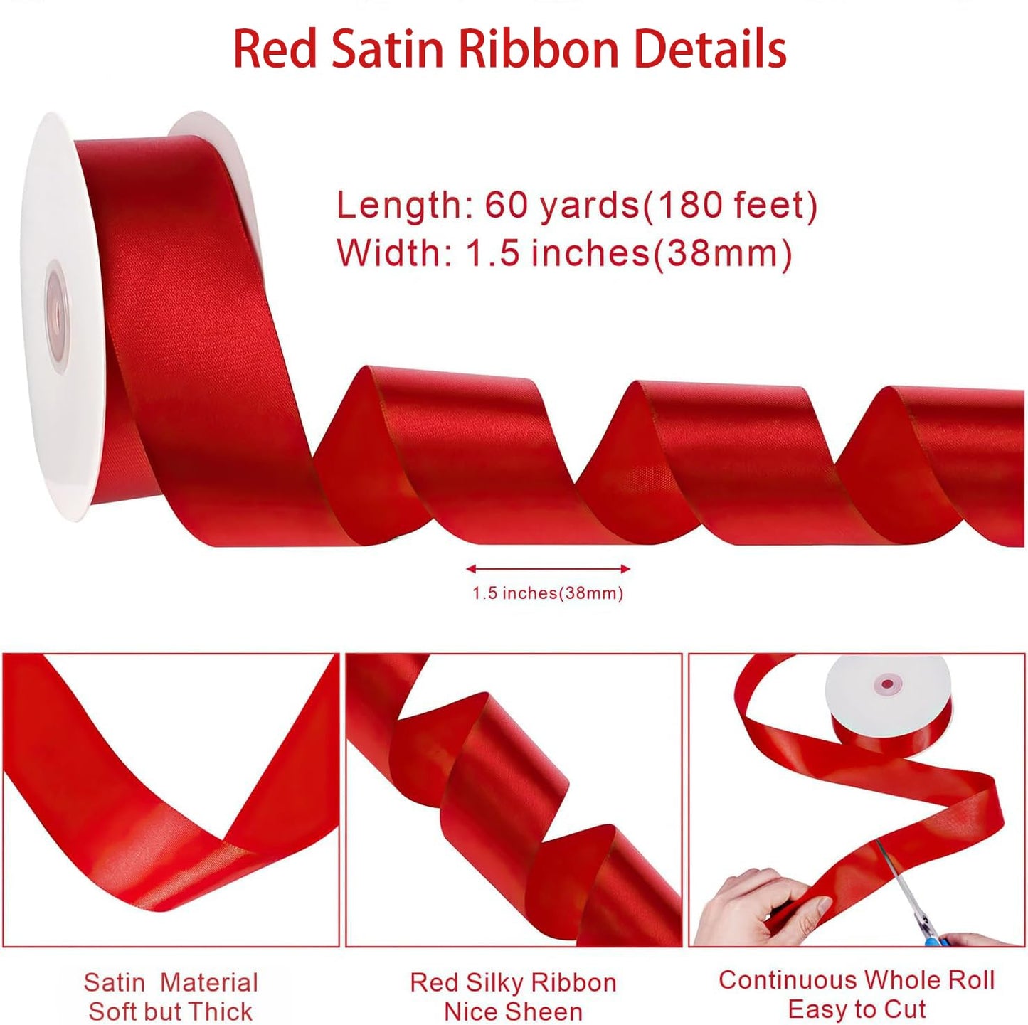 Red Ribbon 60 Yards 1-1/2 Inch Christmas Ribbon Red Satin Ribbons for Gift Wrapping Handmade Roses Wall Dorm Decor Bows Crafts Flower Bouquet Christmas Wedding Party