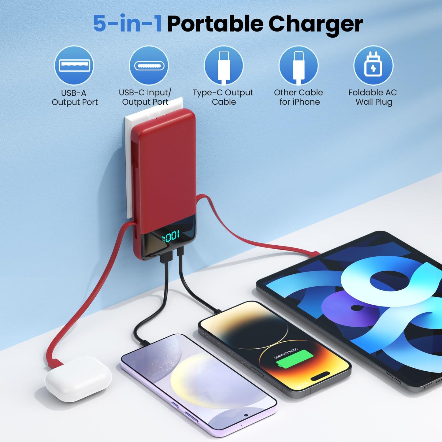 Portable Charger for iPhone with Built in Cables and Wall Plug,Upgraded 13800mAh Fast Charging USB C Power Bank,4 Outputs Travel Essential Battery Pack Compatible with iPhone 15/14/13,Samsung-Purple