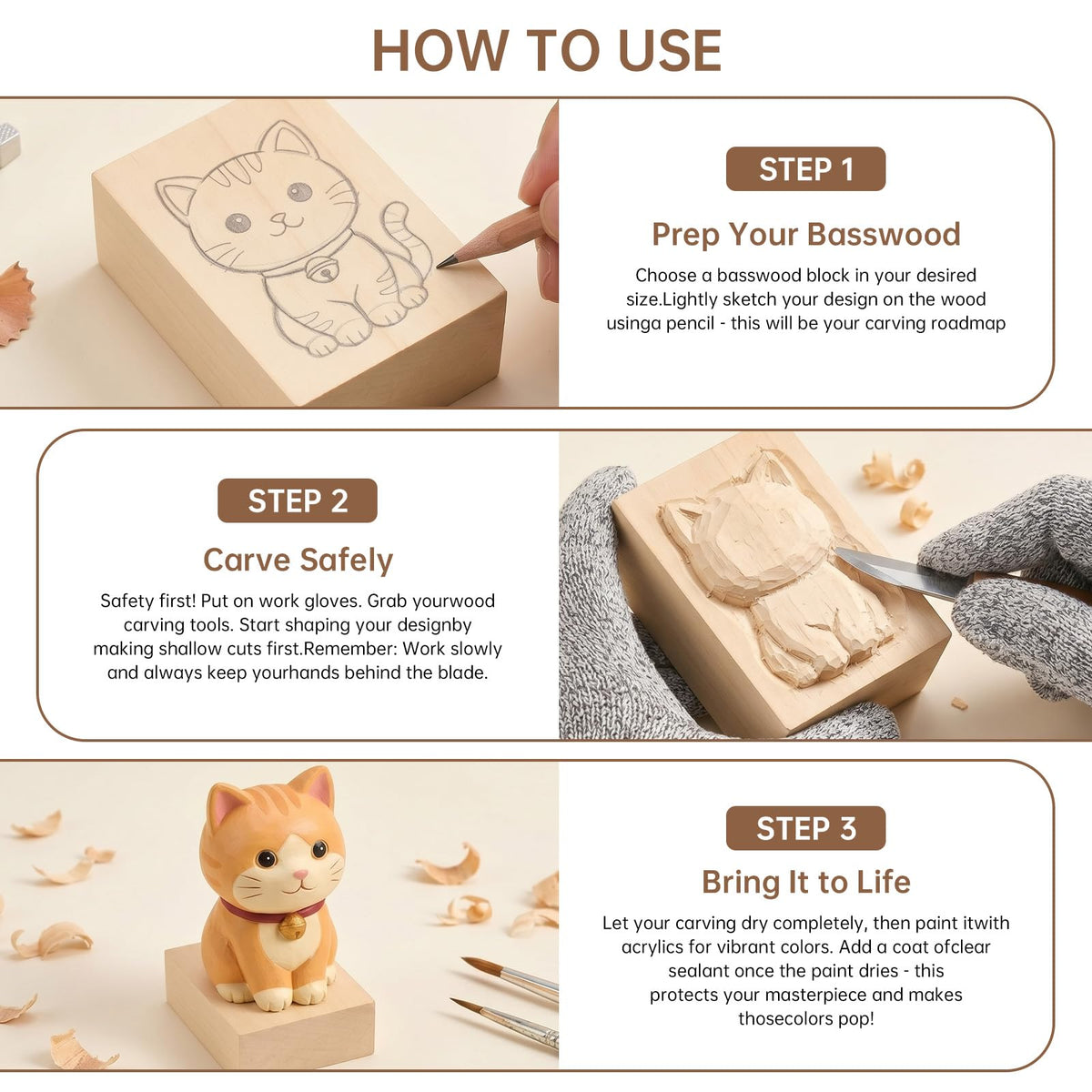 Basswood Carving Blocks - 4 Pack 6 x 3 x 3 inch Whittling Bass Wood Blocks Wood Carving Kit for Beginners, Soft Woodworking Blanks for Whittling, Use for Home, Crafts, Arts, DIY Projects