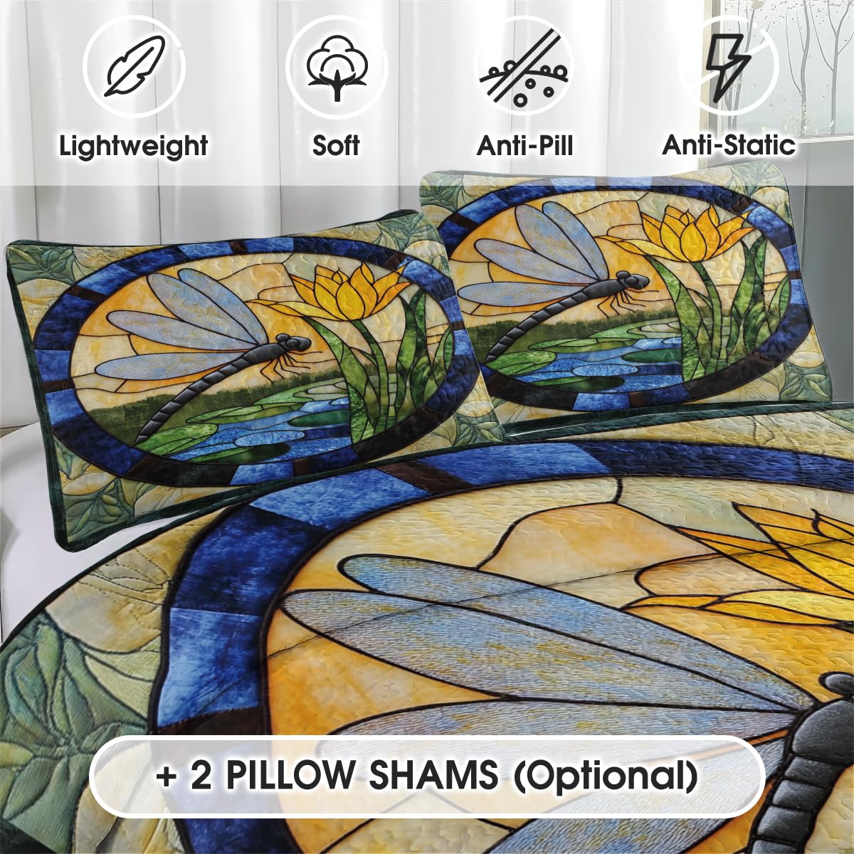 Jeminise Dragonfly Patchwork Quilt Set, Animal Patchwork Bedset - Dragonfly Quilt Bedding Set, Premium Pattern Quilt Bedspread, Bedding Blanket Gift for Daughter Women