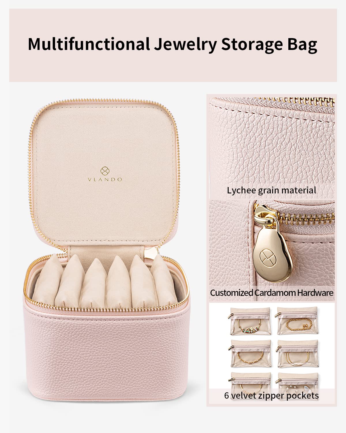 Vlando Travel Jewelry Case,Jewelry Organizer with 6 zipper velvet Jewelry bags for Women Girl,Wedding Birthday Gift Ideas for Women Earrings Rings Storage Gift Box Packaging Pink