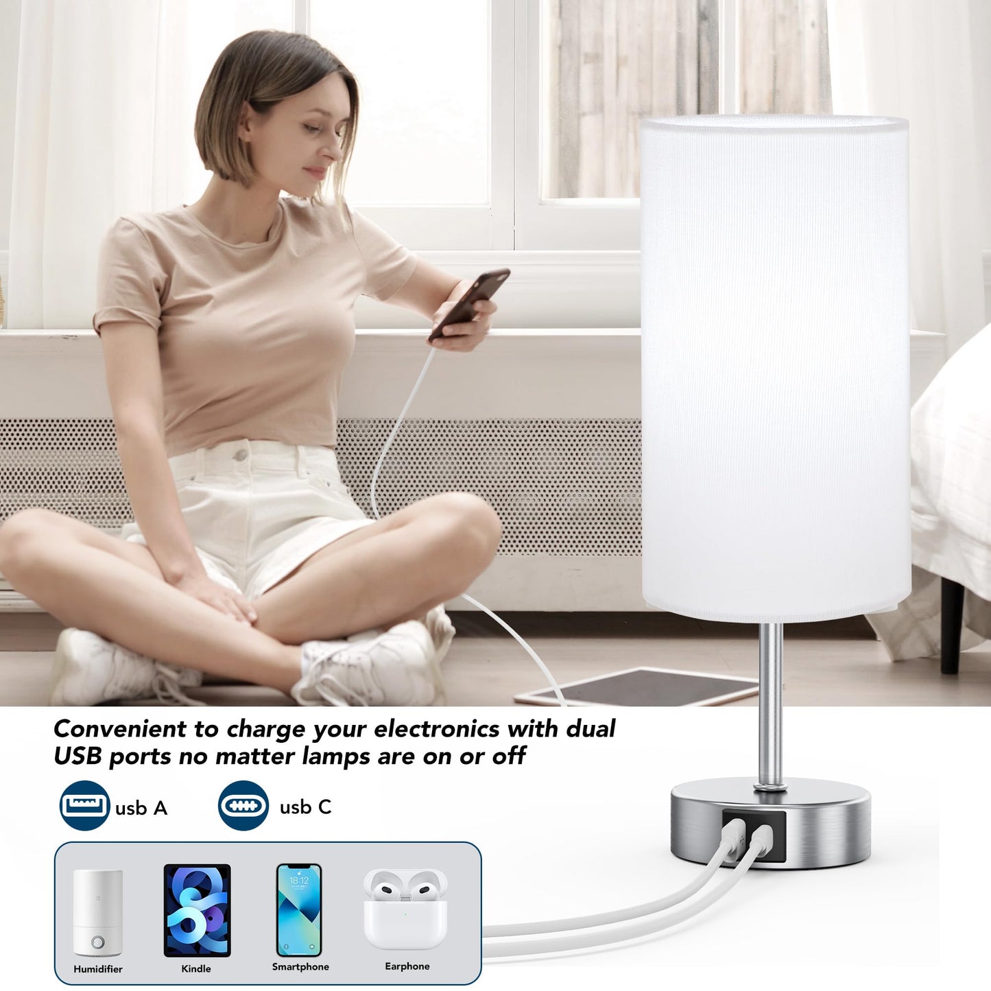 ROTTOGOON 12.8" Touch Control Table Lamp, 3-Way Dimmable Small Bedside Nightstand Lamp with 2 USB Ports, Modern Table Lamps with 6500K Daylight LED Bulb for Bedroom Living Room