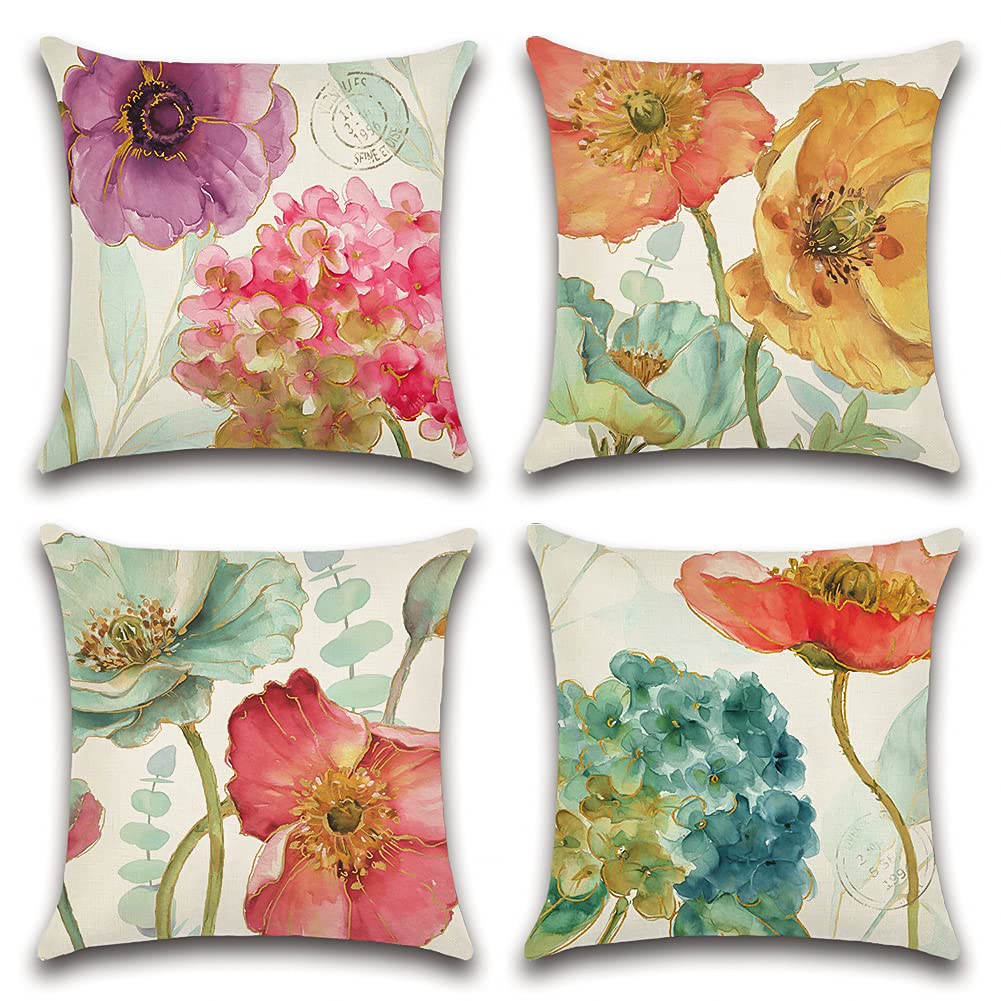 Artscope Set of 4 Waterproof Cushion Covers 45x45cm, Decorative Hydrangea and Lotus Throw Pillow Covers, Perfect to Outdoor Patio Garden Bench Living Room Sofa Farmhouse Decor