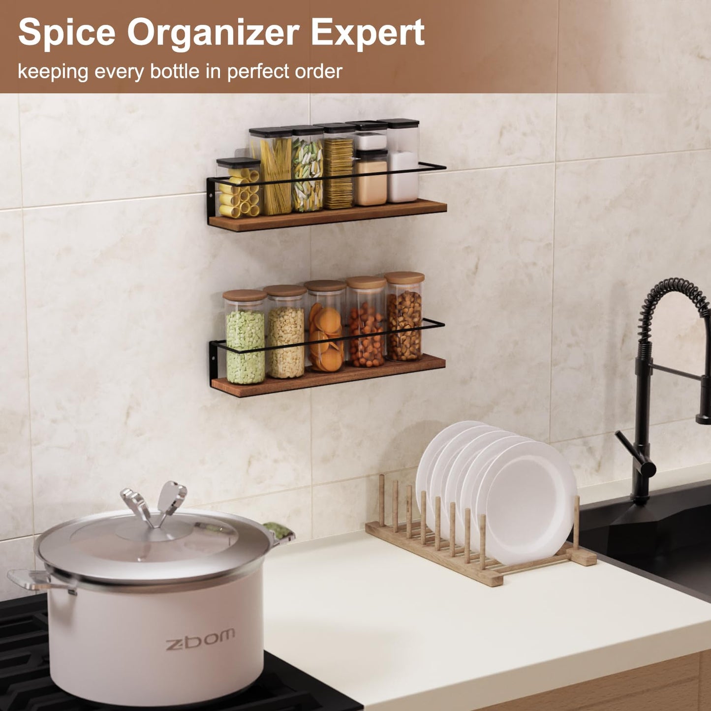 GIGIFTREE Spice Rack Self-Adhesive or drilling, Rustic Style Hanging Spice Rack, Spice Organization for Cabinet Door or Wall Mount, Over The Stove, Kitchen Wall, 2-Pack