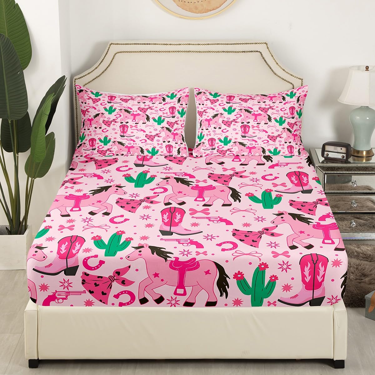 Feelyou Pink Howday Sheet Set for Kids Boys Girls Weatern Decor Sheets with Deep Pocket Fitted Sheet Queen Size Cute Horses Bed Sheets Set Bedroom Decor Riding Boots Bedding Set Pink Bow Bed Set 4Pcs